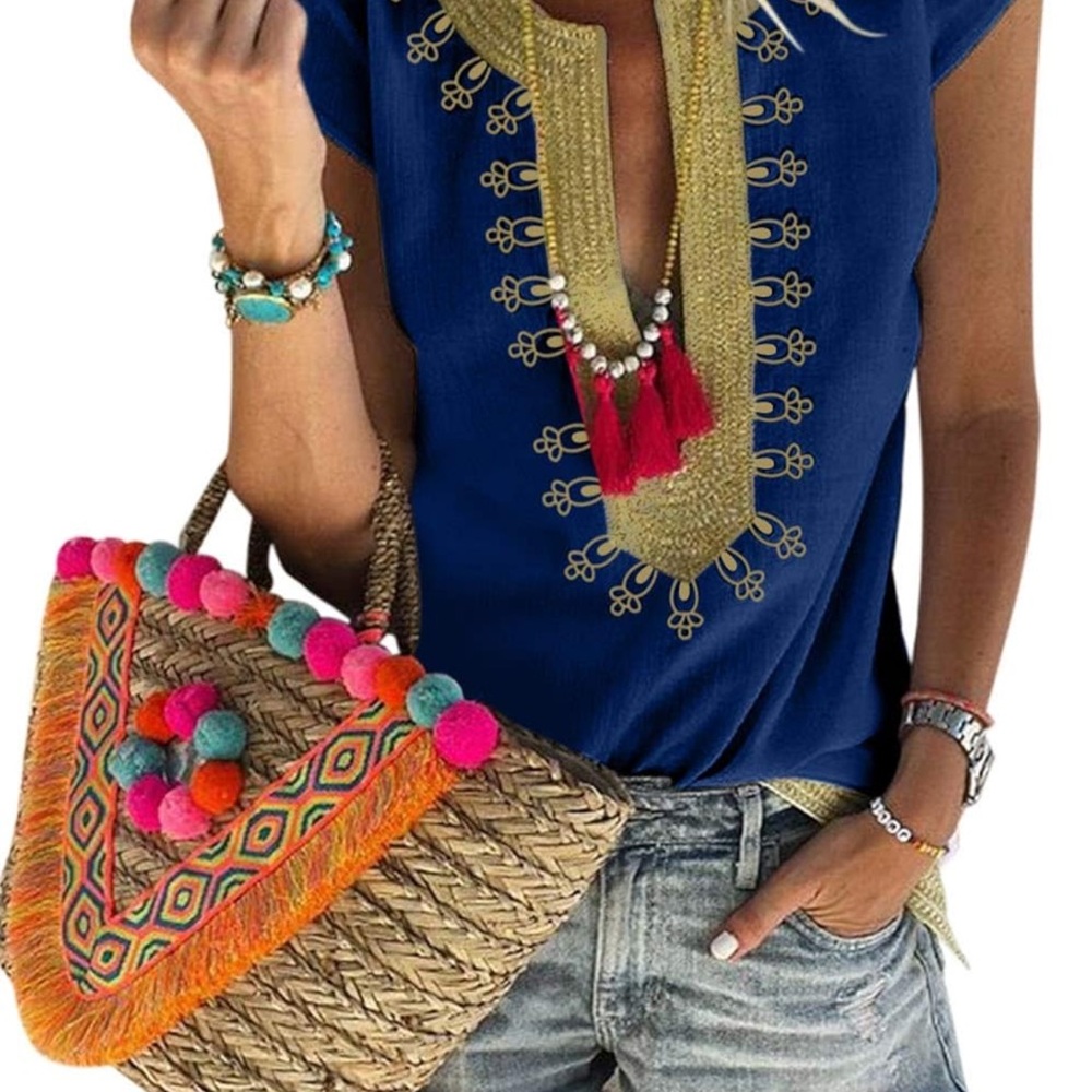 FARYSAYS Embroidered Women's Boho V Neck Short Sleeve Top Large Blue/Gold